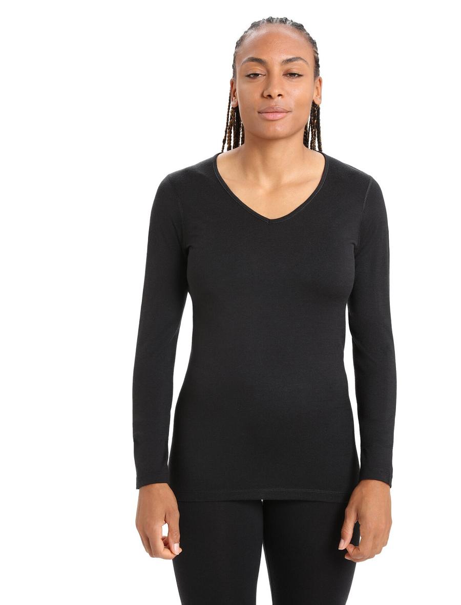 Icebreaker Merino 200 Oasis Long Sleeve V Neck Thermal Top Női Base Layers Fekete | HU 1853RVDW